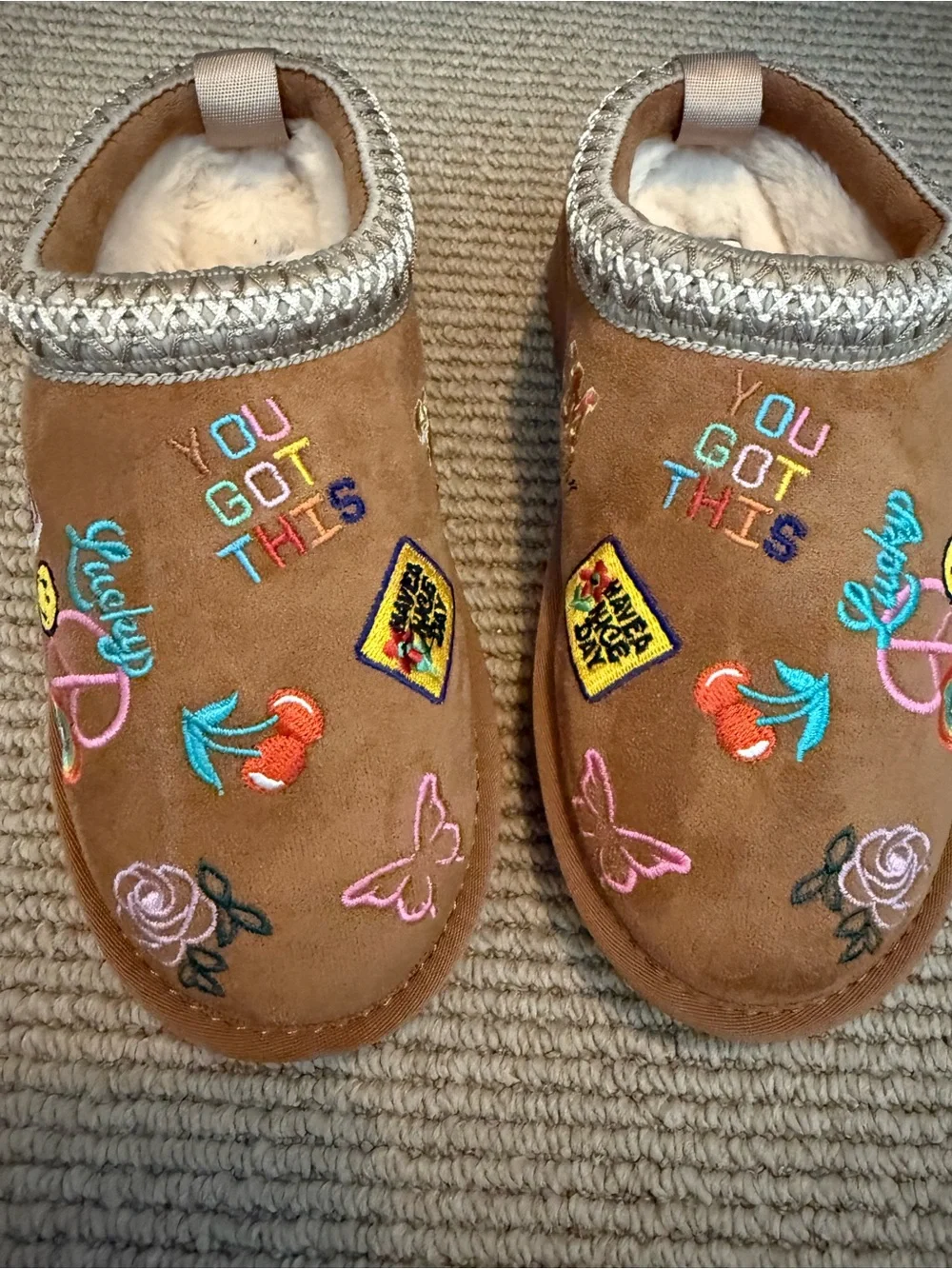 Steve Madden Kids Brown Embroidered Slip-On Slippers with Multicolor Accents